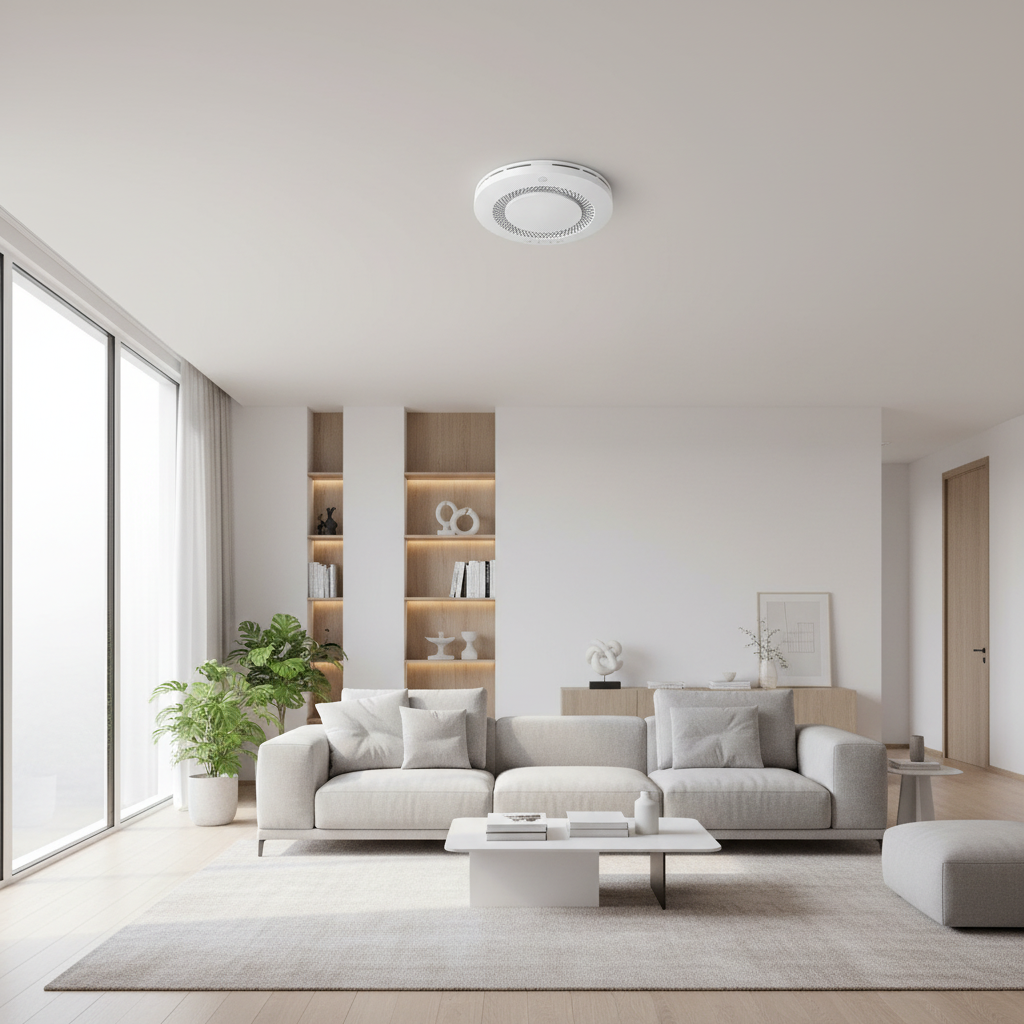 Rookmelder gemonteerd op plafond in moderne woonkamer